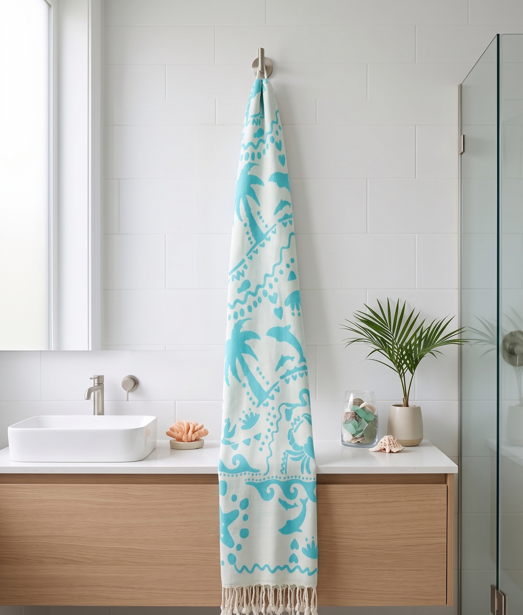 The Aqua Marine Jacquard Peshtemal | Ocean Blue & Ivory